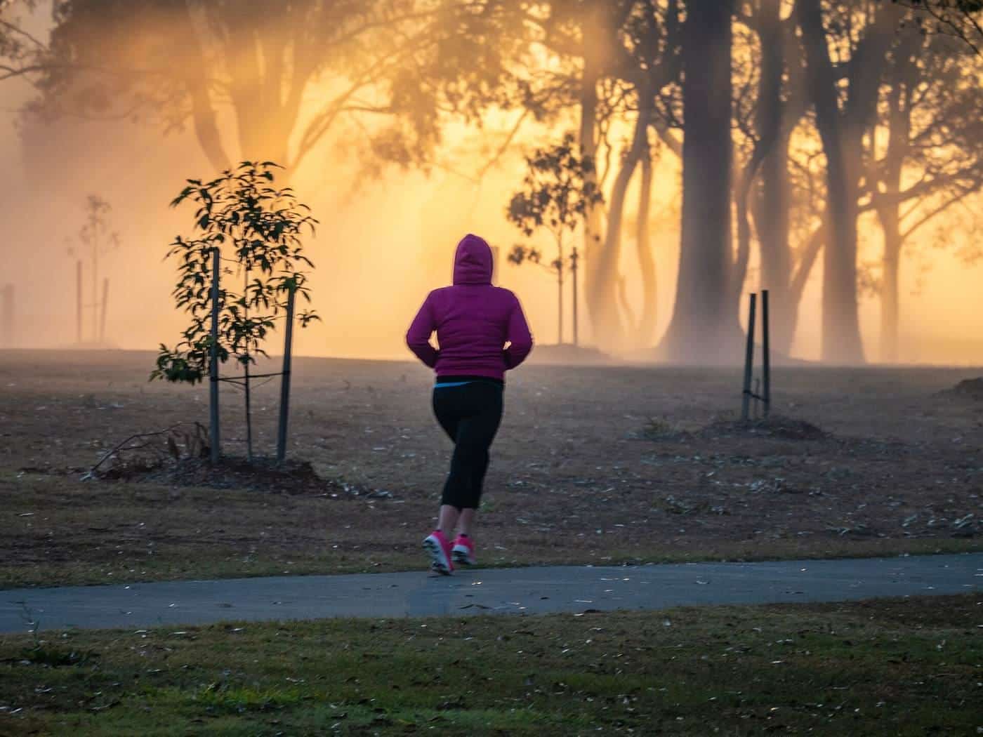 A person jogging through a park in morning mist